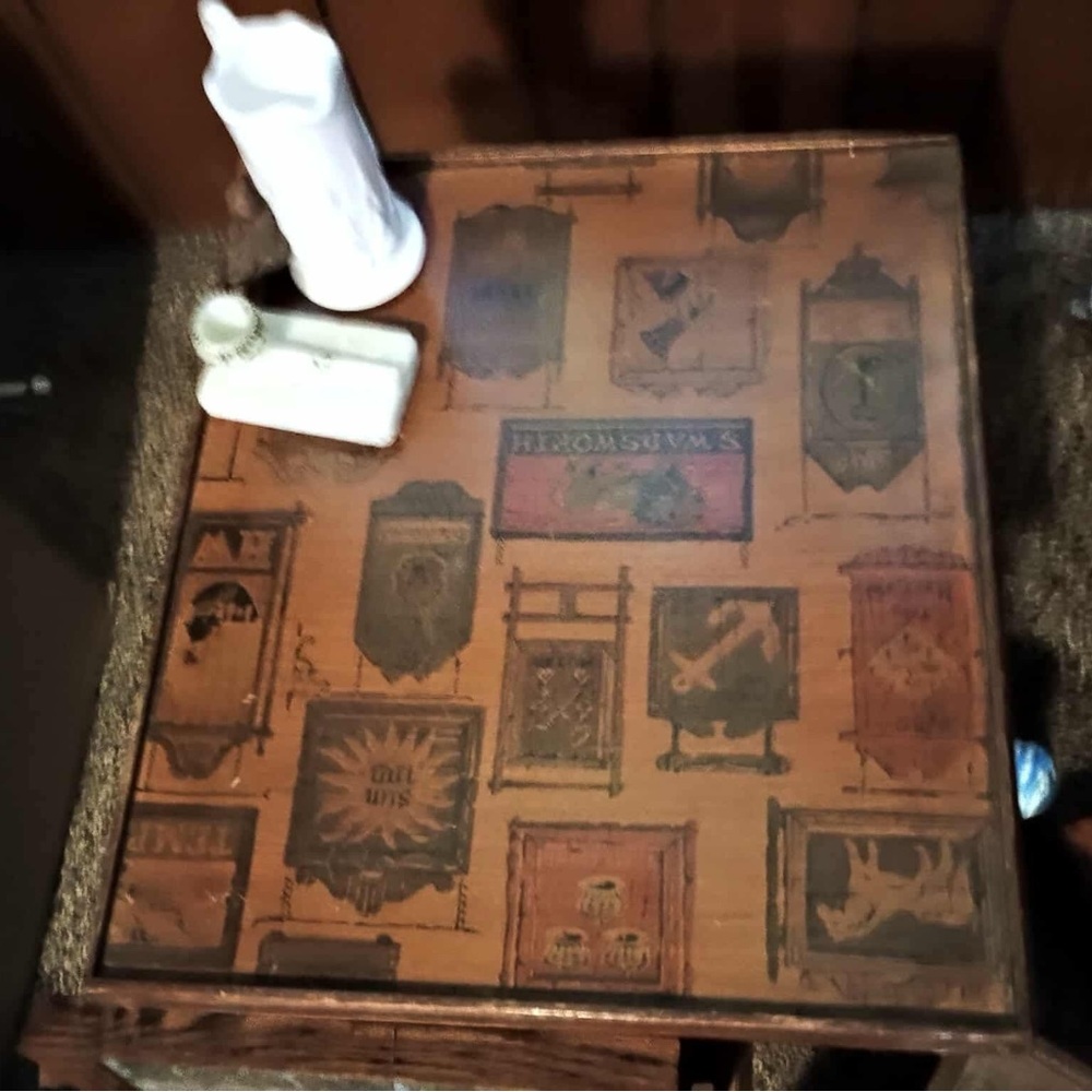 Vintage Wooden Side Table with Heraldic Design